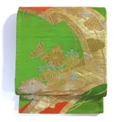 5k2477 袋帯　絹　唐織　緑　金色　銀色　赤　花柄　和装　着物