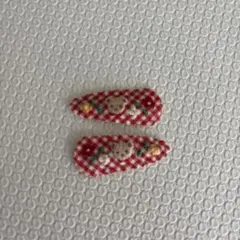 くま刺繍 ギンガムチェック ヘアピン 2点セット