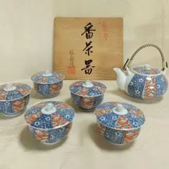 未使用 有田焼 清兵衛作 蓋付き番茶器揃 5客組 染付梅桜文様 急須湯呑セット