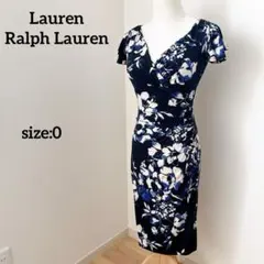 ローレンラルフローレン　花柄カシュクールワンピース　ネイビー　ストレッチ　0