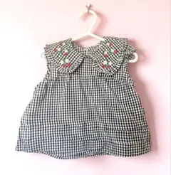 プティマイン いちご刺繍　ギンガムチェックカットソー 90cmフリル襟女の子