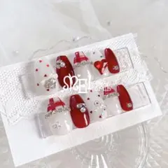 オーダー◇ネイルチップ 赤 レッド 量産型 チェック ちゅるん 推し スナ系