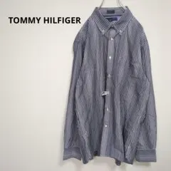 ◇トミーヒルフィガー【L】トップス　シャツ　長袖　ストライプ　刺繍ロゴ　コットン