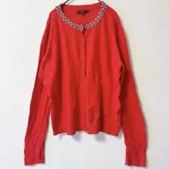 sioni 【L】カシミヤ混 アンゴラ混 ビジュー カーディガン レッド ニット