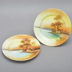 美品 オールドノリタケ 皿 2枚セット 19cm 中皿 風景 ツリー 飾り皿