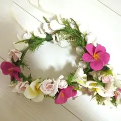 【美品】ハンドメイド　花冠　リストブーケ　プルメリア　海外　花　海外挙式