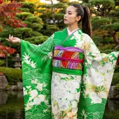 振袖　完全フルセット　23点　成人式　結婚式　前撮り　黄緑　グリーン　御所車