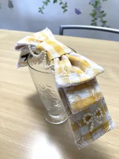 リボン型カチューシャ風ヘアクリップ イエローチェック柄