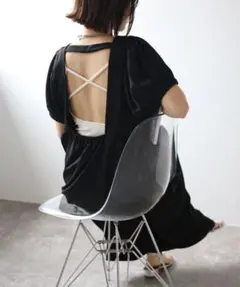 ボンジュールサガン バックオープンスリーブコクーンワンピース黒色ロングマキシ丈