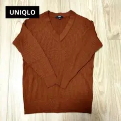 ユニクロ　メリノブレンドリブ Vネック　キャメル　茶　M