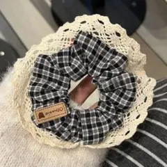 チェック柄 レース シュシュ ヘアアクセサリー