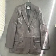 ZARA フェイクレザー テーラードジャケット ダークブラウン M