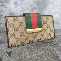 GUCCI GGキャンバス シェリーライン ロゴプレート レザー 長財布