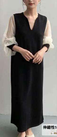 シースルー袖 Vネックワンピース