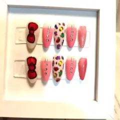 キティー　リボン風　豹柄　ネイルチップ　ハンドメイド　㉞