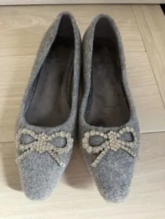 グレー フラットシューズ リボン装飾