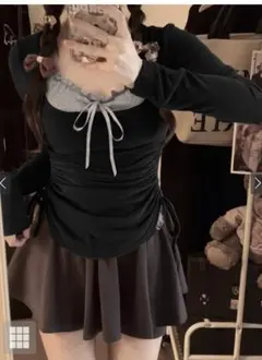 フリルリボンキャミソール×ドロストトップスアンサンブル