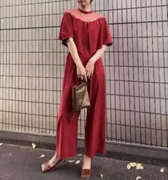 美品 Ameri ロンパース オールインワン シアー フレア ウエストベルト 赤