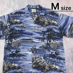USA古着　アロハシャツ　半袖　M　ブルー　トロピカル　ヤシの木　海　レーヨンのサムネイル