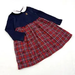 【ミキハウス】ミキハウスベア ワンピース 赤 チェック ロゴ ニット フォーマル