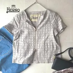 希少✨ ヘルノ 上質カットワーク刺繍 ノーカラージャケット ヌードベージュ 42のサムネイル
