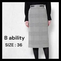 B ability タイトスカート ひざ丈スカート 千鳥柄 チェック ベルト付き
