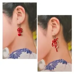 《金属アレルギー対応》アシンメトリーピアス　水引アクセサリー　赤