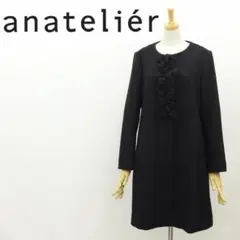B4626■アナトリエ リボン ウール ノーカラー コート ブラック 38