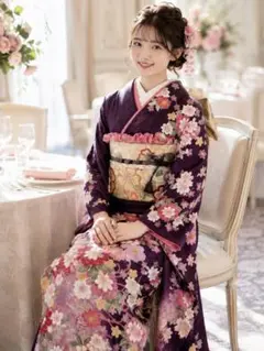 振袖フルセット 正絹 美品 華やか紫 振袖 トールサイズ高身長170裄70 