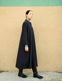 今期2025　新品　無印　フランネルスタンドカラー長袖ワンピ　グレーチェック