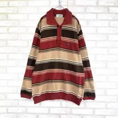 crocodile クロコダイル　ボーダー長袖ポロシャツ　茶色　赤　L 綿100