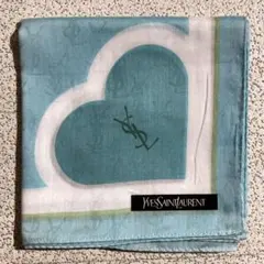 イヴサンローラン　大判ハンカチ　ロゴ　ハート　ブルー系　約56cm