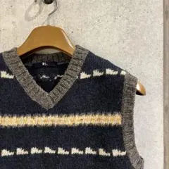 ニットベスト ネイビーとベージュのストライプ Vネック
