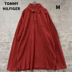 トミーヒルフィガー 長袖ポロシャツ M 赤 無地 シンプル 定番人気【5929】