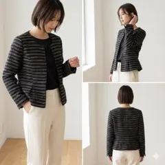 L ツイード ノーカラー ペプラム ジャケット 11AR 紺 ボーダーセレモニー