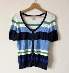 H&M ボーダー カーディガン 半袖【M】青 緑 白 マルチ　サマーニット