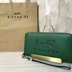 早い者勝ち！訳あり新品 COACH 長財布 ホース＆キャリッジ柄 グリーン系