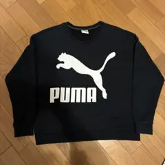 PUMA、プーマ、ビックロゴ、スポーツ、黒、レディース、ショート丈、トレーナー、