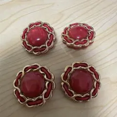 ボタン　レッド　赤　レトロ　4個　ゴールド