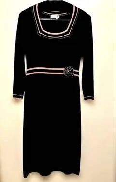 NICE CLUP/黒ニットピンクボーダーお花付ワンピース 長袖 スクエアネック