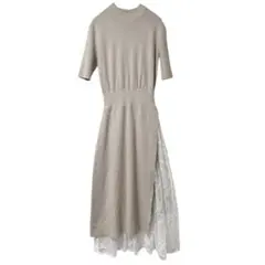 ニットワンピース レース切替 Aライン ベージュ きれいめ 春ワンピ 着痩せ