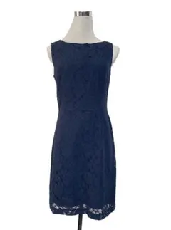 バナナリパブリック　紺ネイビー　総レース　膝丈ワンピース6 LL ノースリーブ夏