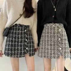 インパン裏地付きアシンメトリーツイードチェックミニスカート