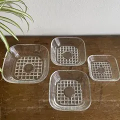昭和レトロ　四角いカットガラス　小皿　3サイズ　4個セット