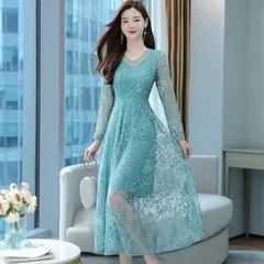 春♪　花柄刺繍　総レースワンピース　パーティードレス　長袖　ブルーグリーン　L