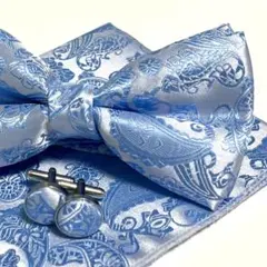 蝶ネクタイ・ポケットチーフ 水色 ペイズリー 挙式 新郎 無地 人気 zkx