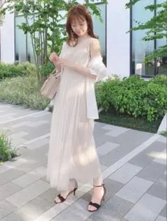 チュールキャミ　リブニット　ノースリーブ　ワンピース