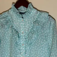 フリルブラウスシースルーシャツフラジール水色ギンガムチェックフルーツ昭和レトロ