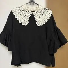 ハンドメイド 麻100% レース替襟付き フリル袖ゆったりブラウス