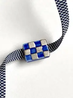 【即購入OK】帯留め　陶器 市松模様 青×銀 モダン和装 新品未使用